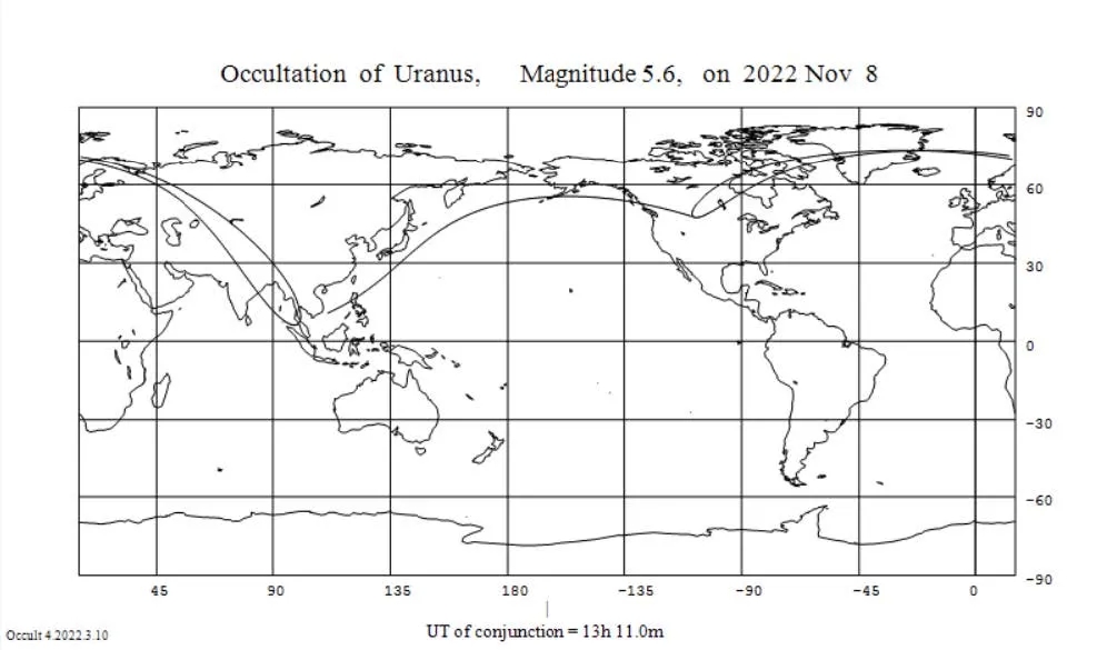 2022年11月8日月掩天王星可见地区预报图